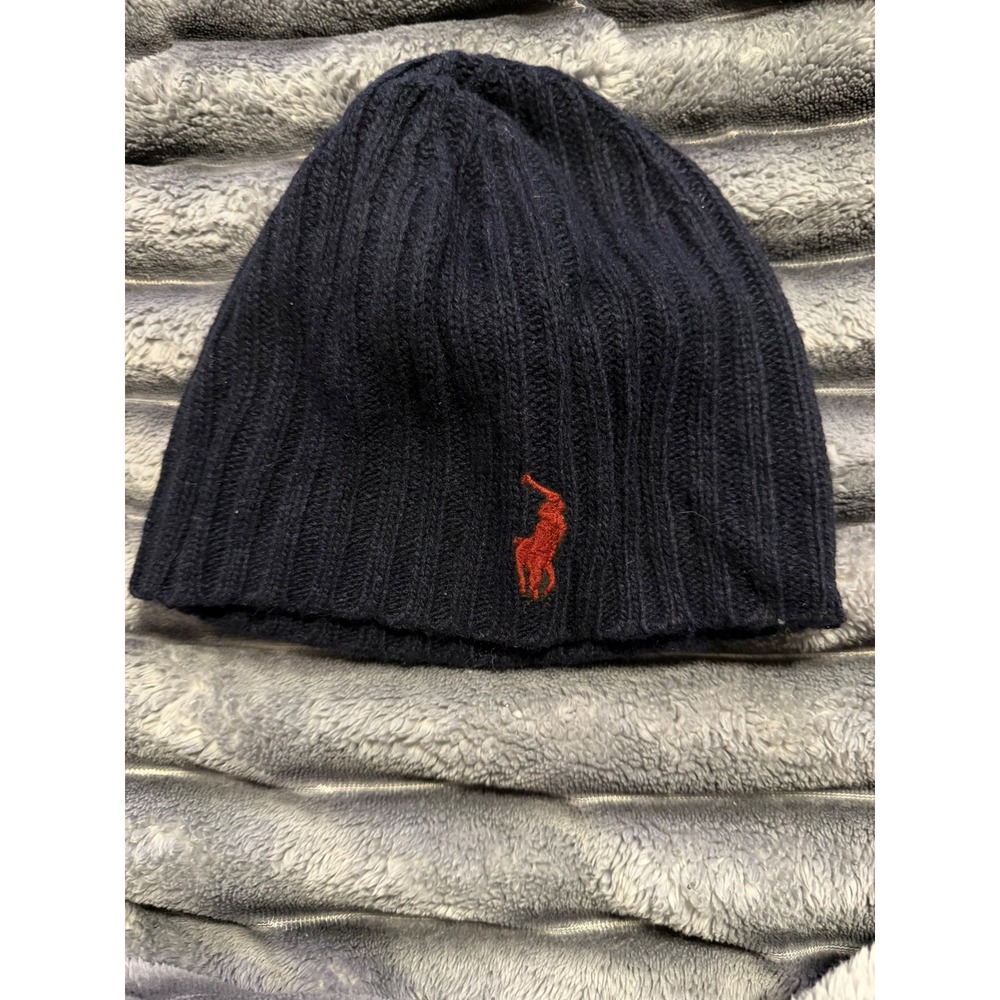 Polo Ralph Lauren Mens Ribbed Knit Beanie Navy Blue Red Pony Logo Winter Hat